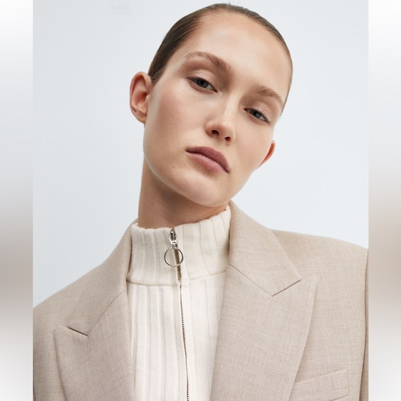 Women’s Mango MNG Cropped Peak Lapel Open Blazer Size Large beige. - Picture 4 of 10